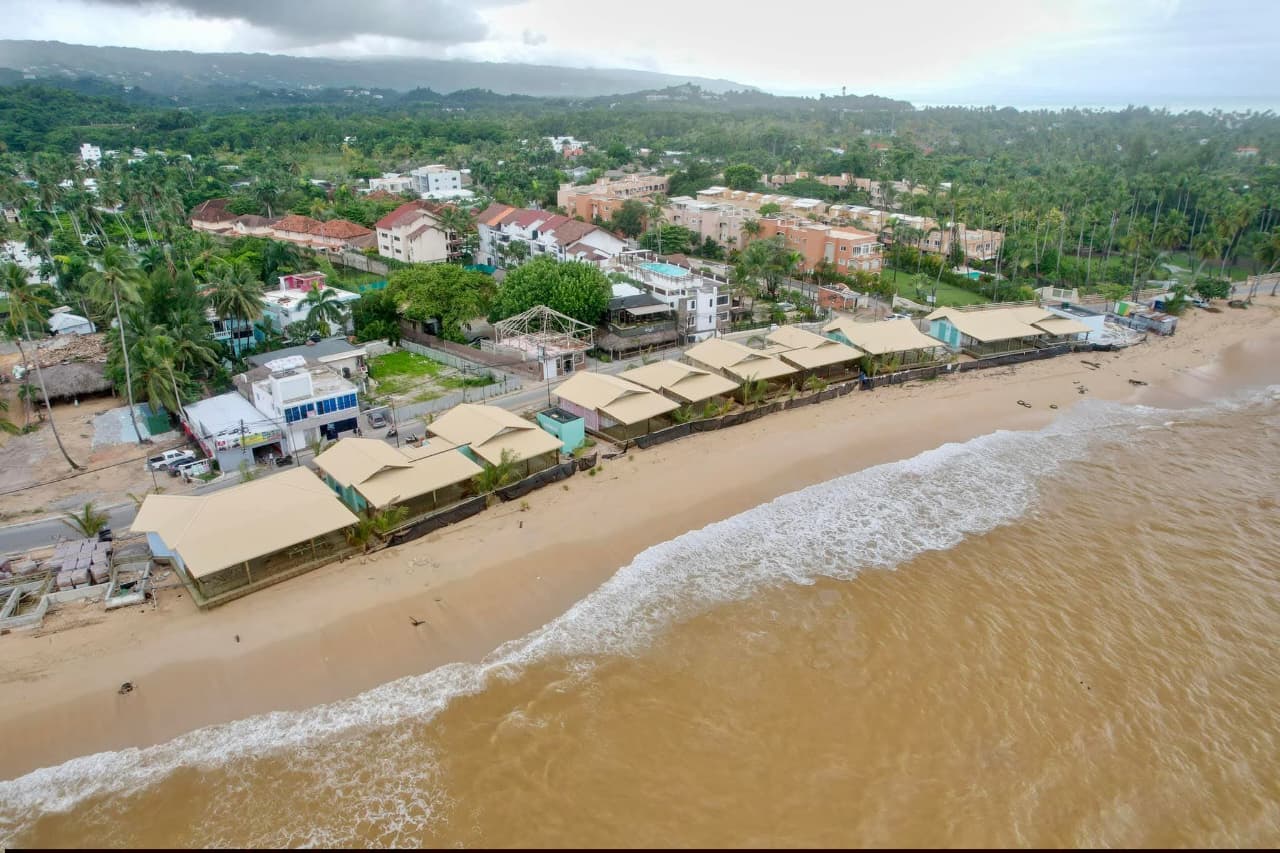Aerial view of beachfront buildings